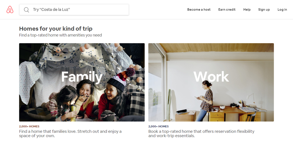 homepage di airbnb